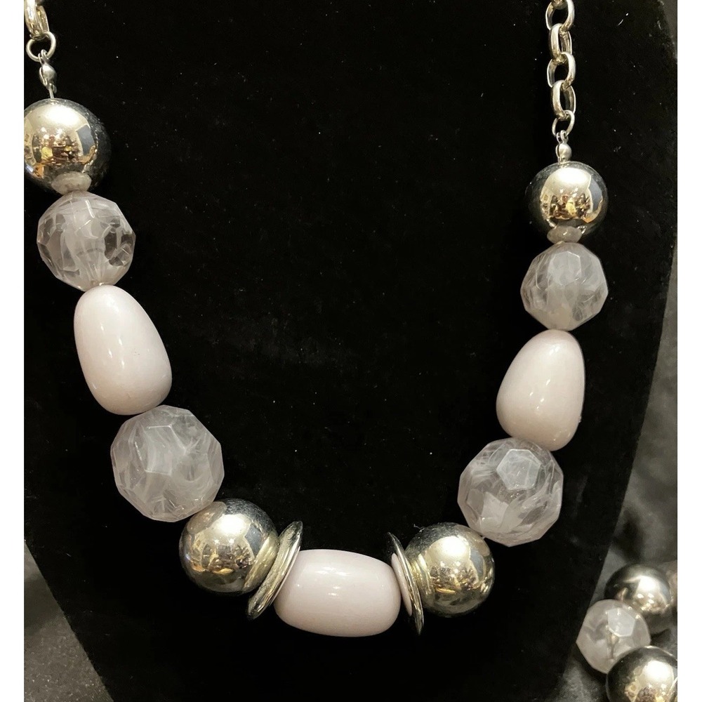 Lot of 2 Silver White Gray Acrylic Cabochon Bold Statement Necklace & Bracelet
